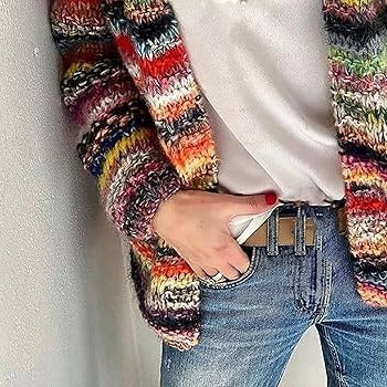 Women's chunky knit open front cardigan with multicolour stripes