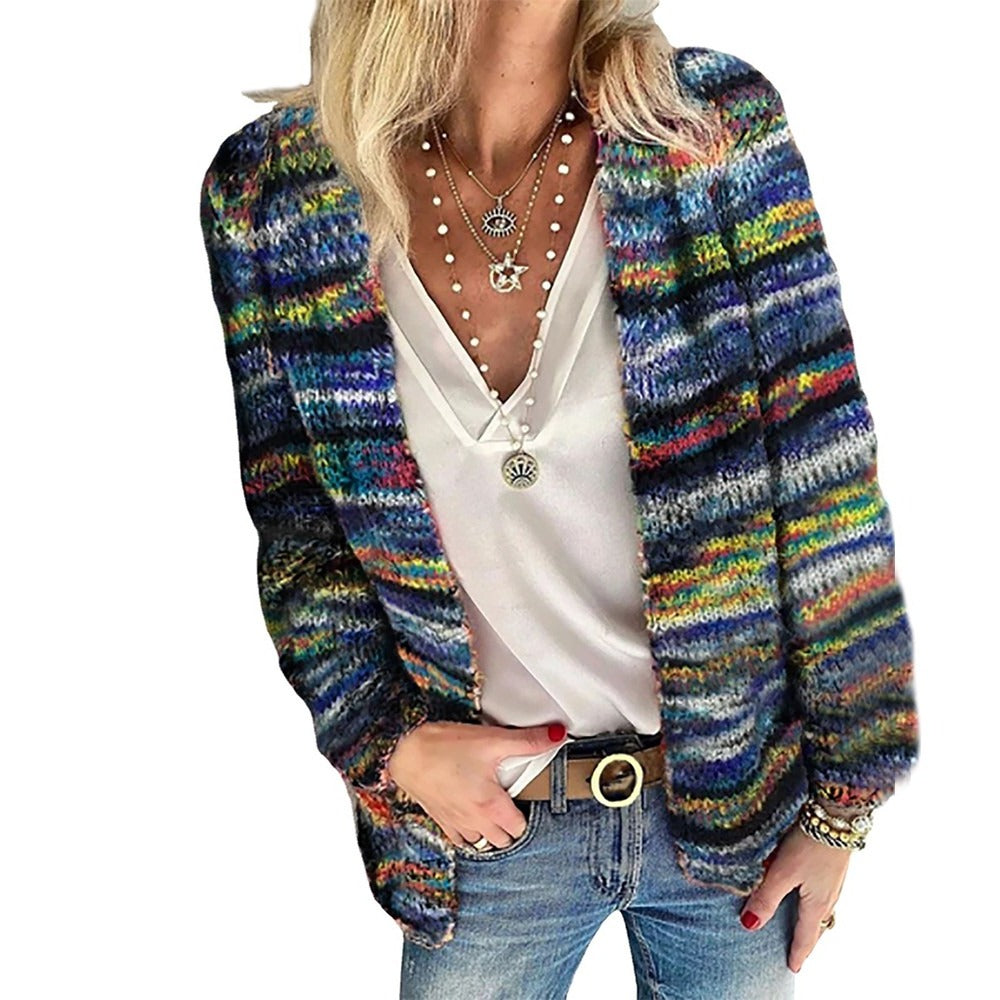Women's chunky knit open front cardigan with multicolour stripes