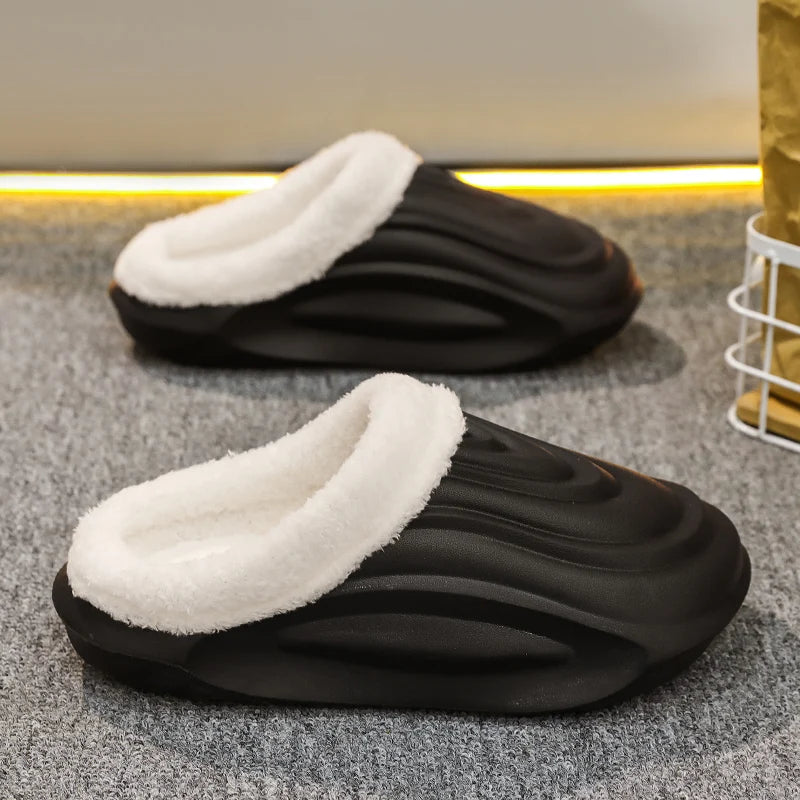 Closed-back slippers with a ridged EVA shell, plush collar and plush lining - black