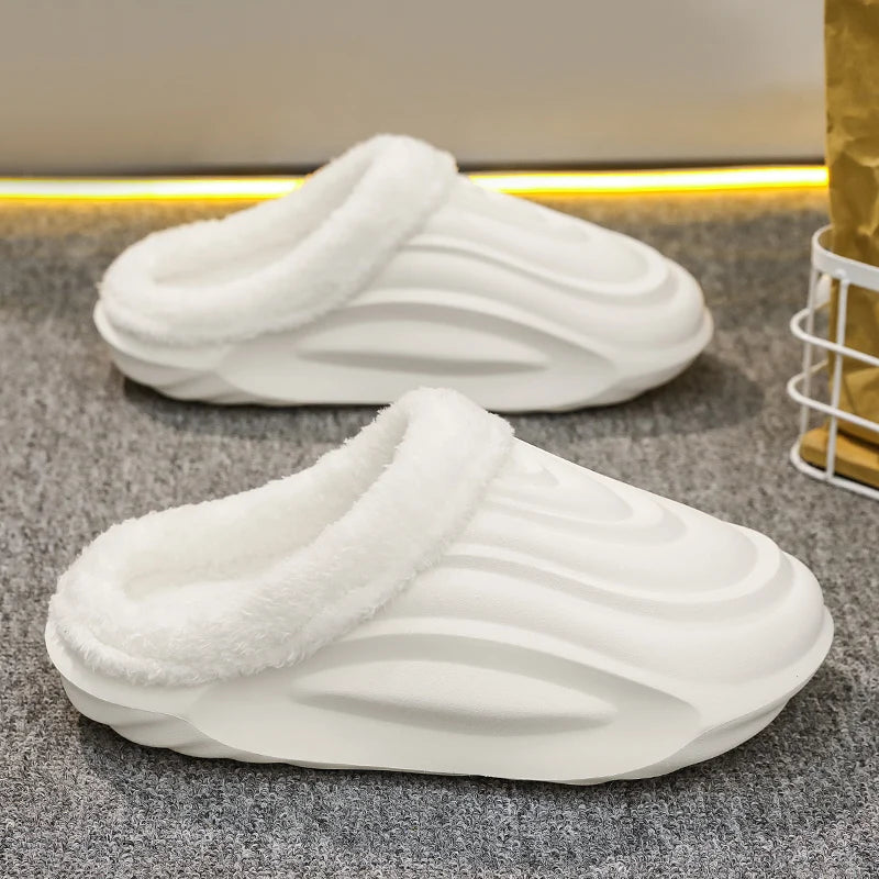 Closed-back slippers with a ridged EVA shell, plush collar and plush lining - white