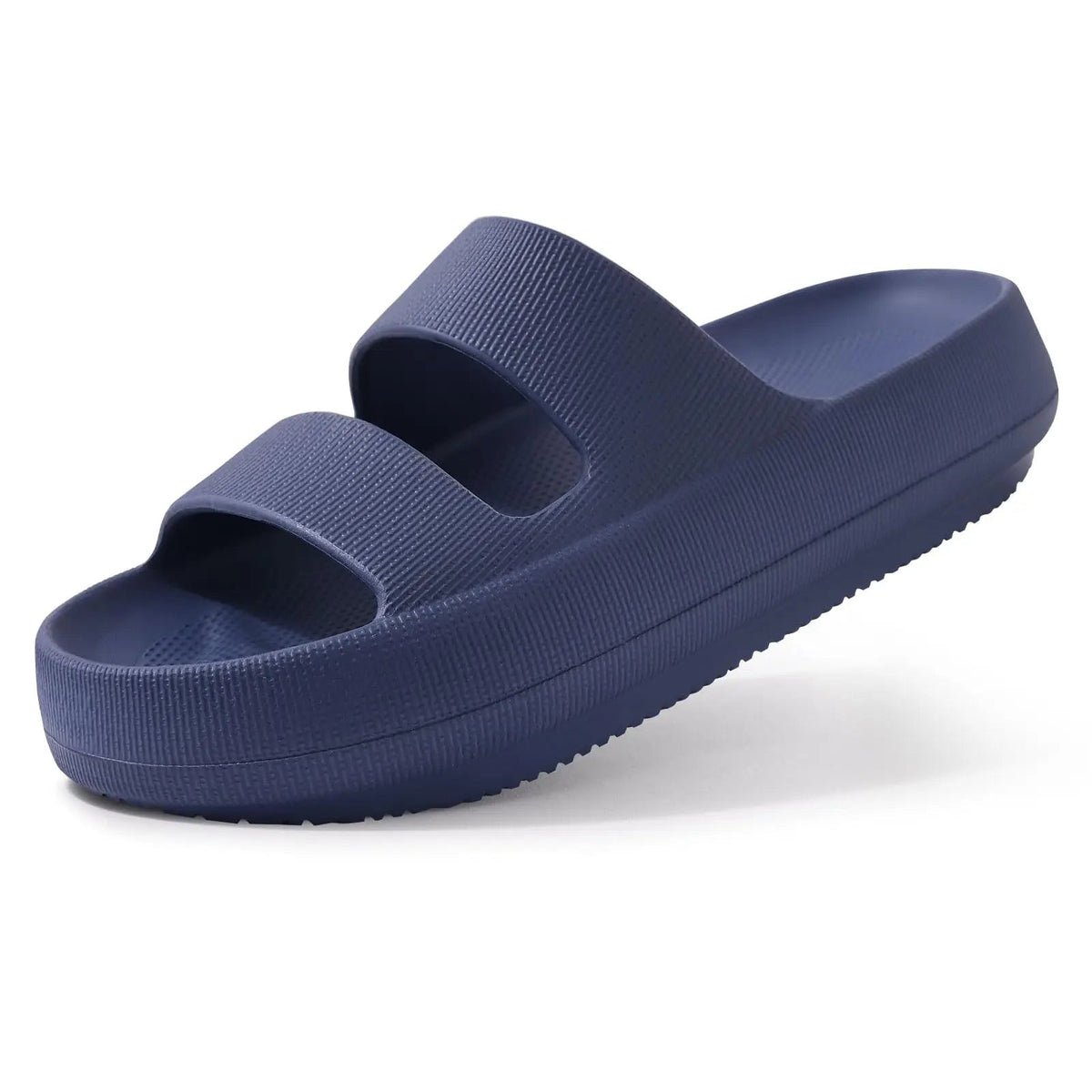 Cloud sliders with two wide straps and a thick rounded sole - navy