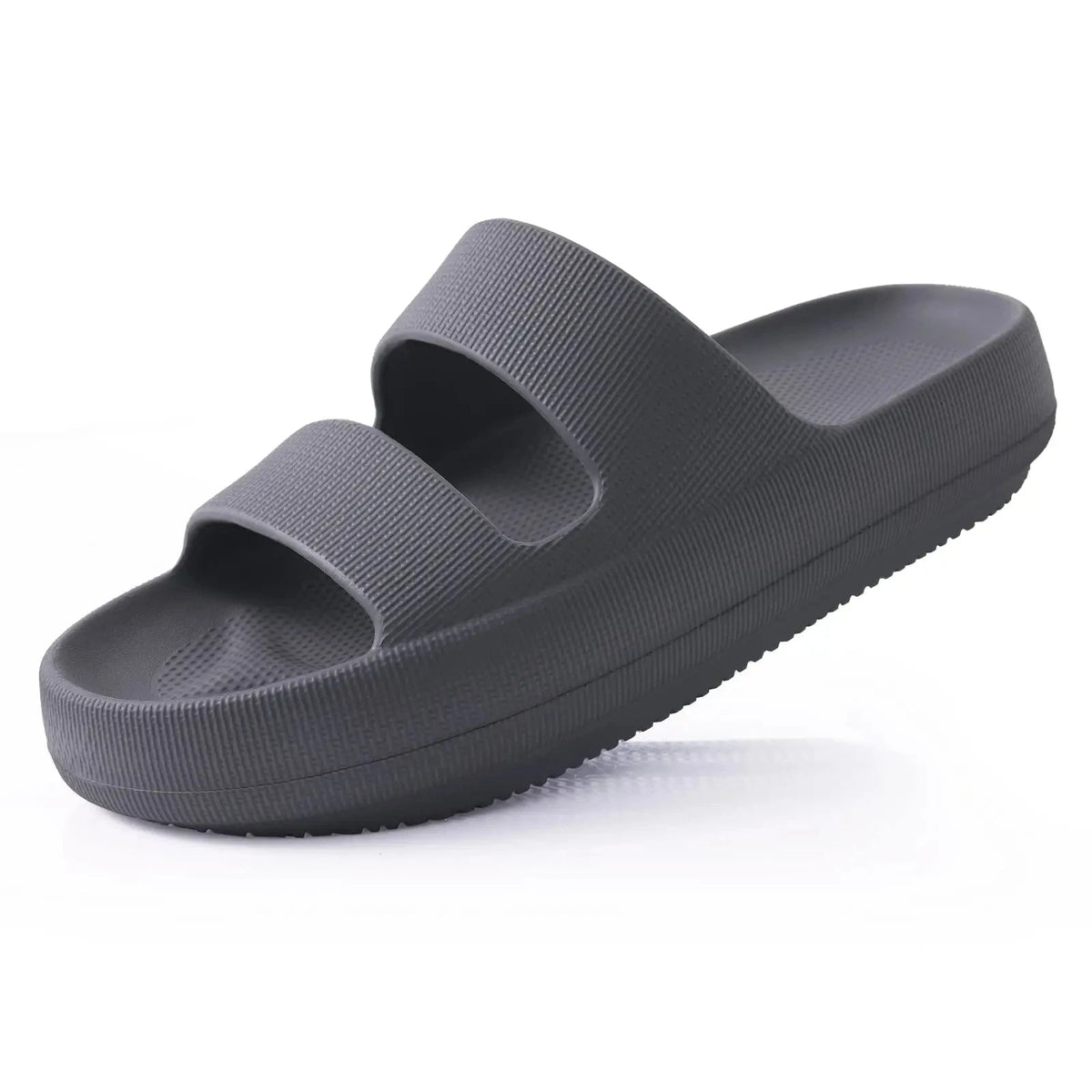 Cloud sliders with two wide straps and a thick rounded sole - dark grey