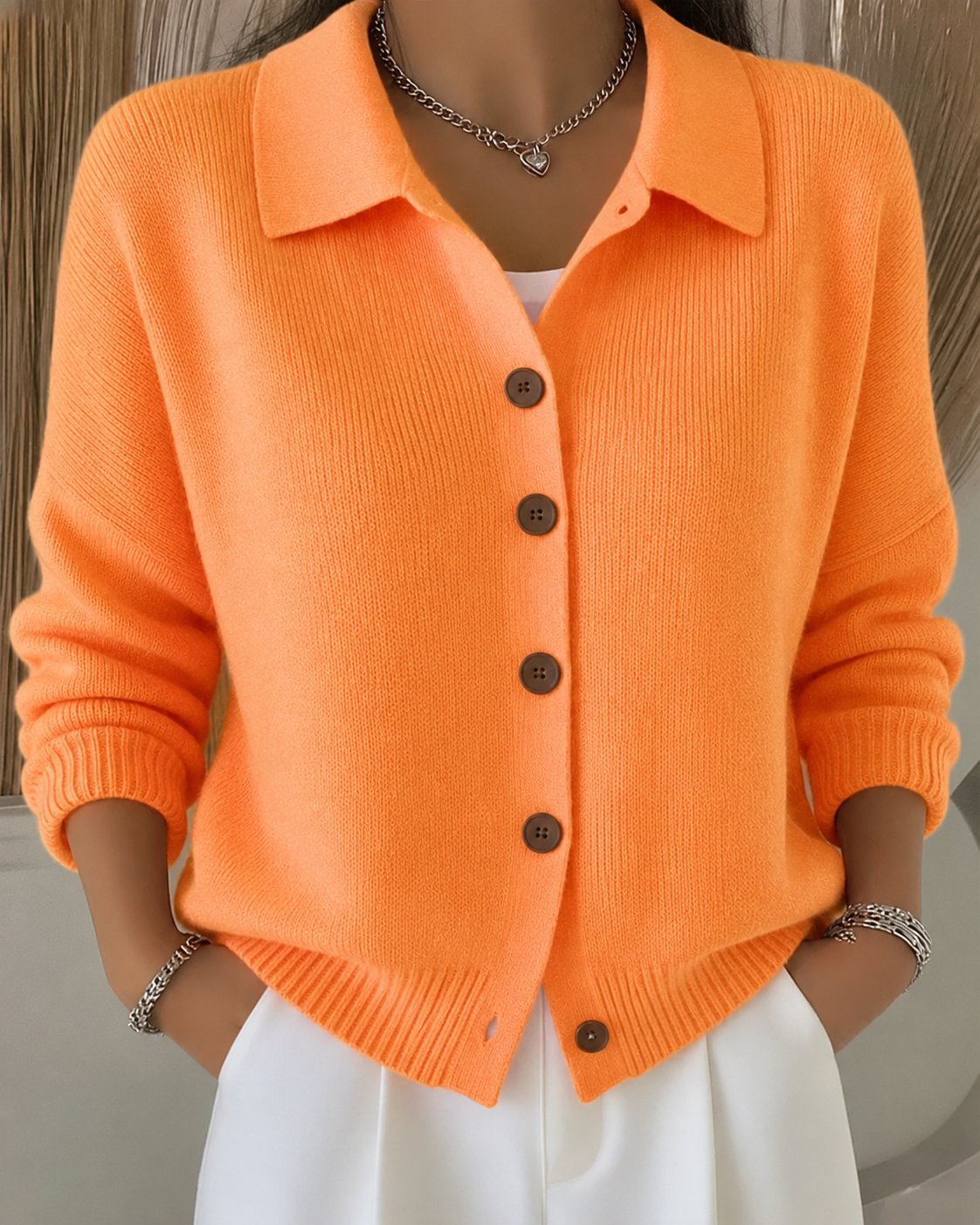 Women's knit cardigan with a pointed collar and contrast buttons - orange