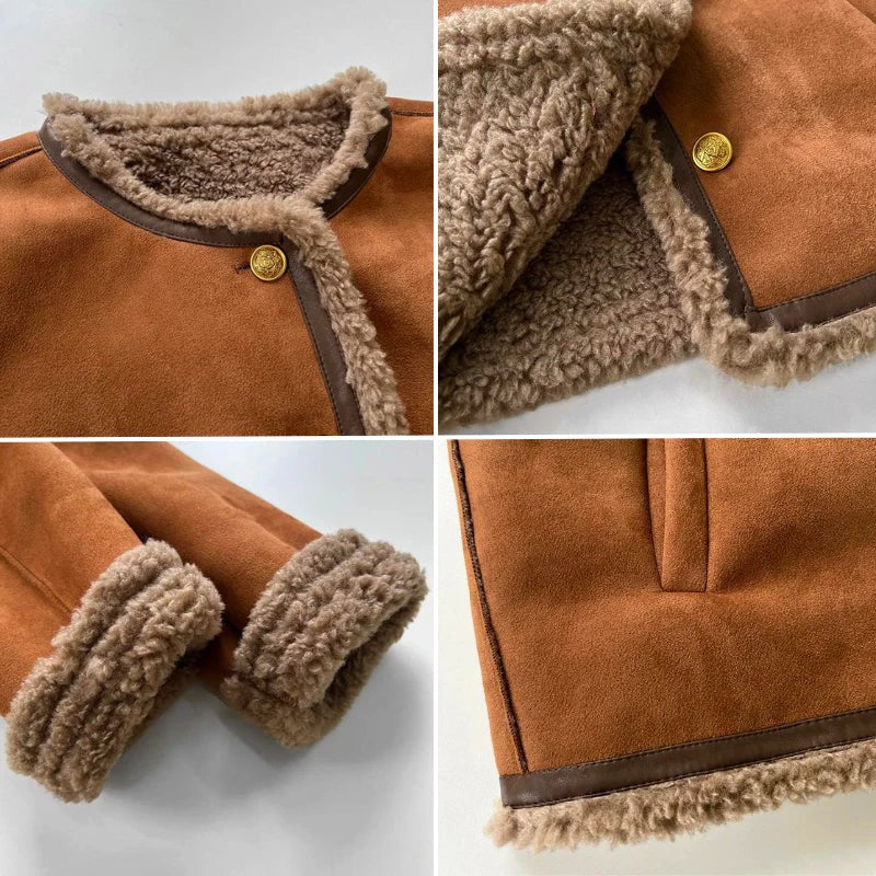 Women's collarless suede-look jacket with a teddy trim, cognac - cognac