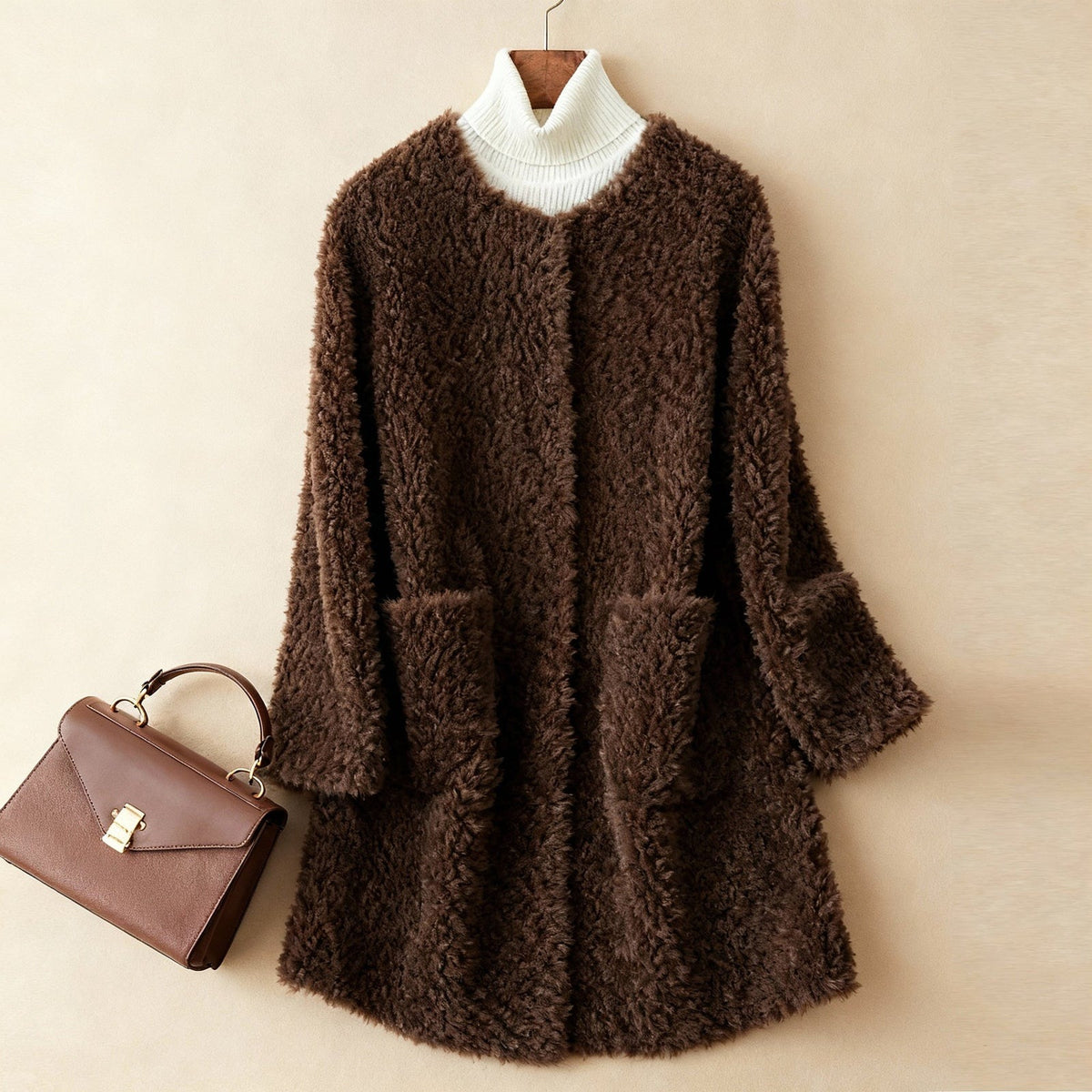 Women's collarless teddy coat with large patch pockets - brown