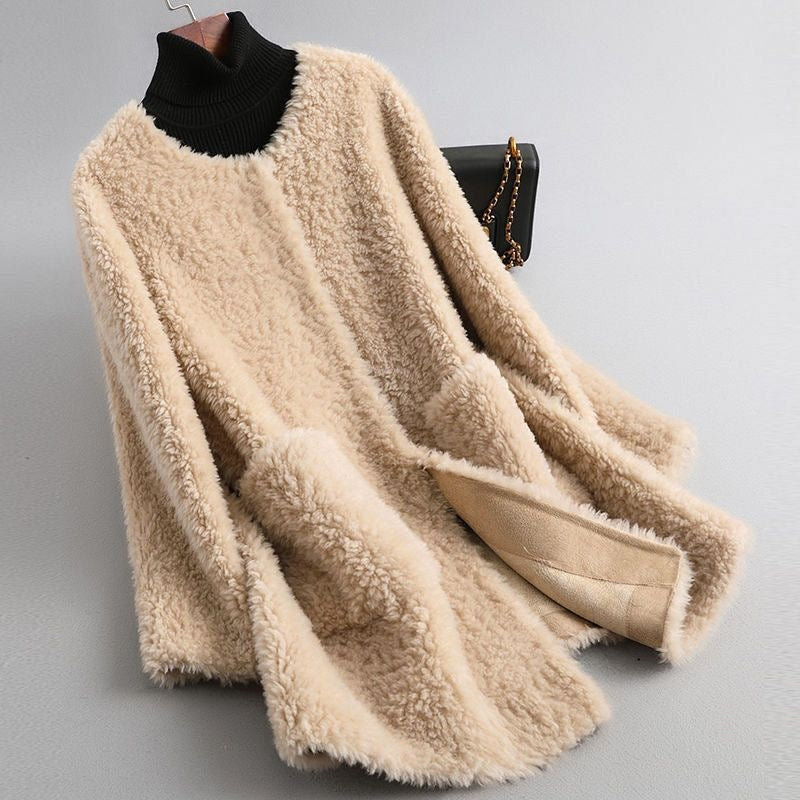 Women's collarless teddy coat with large patch pockets - beige