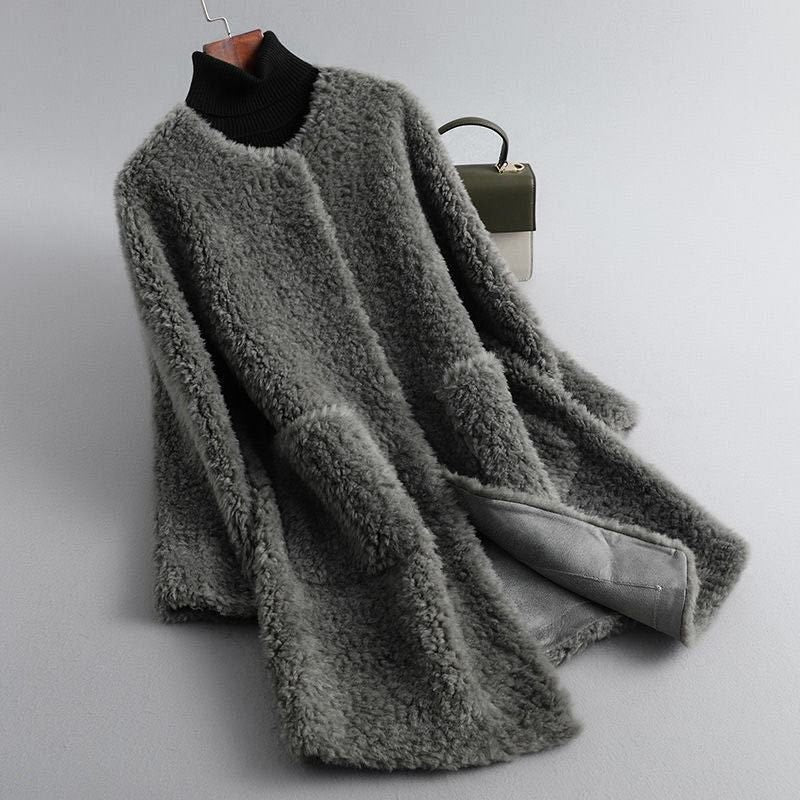 Women's collarless teddy coat with large patch pockets - grey