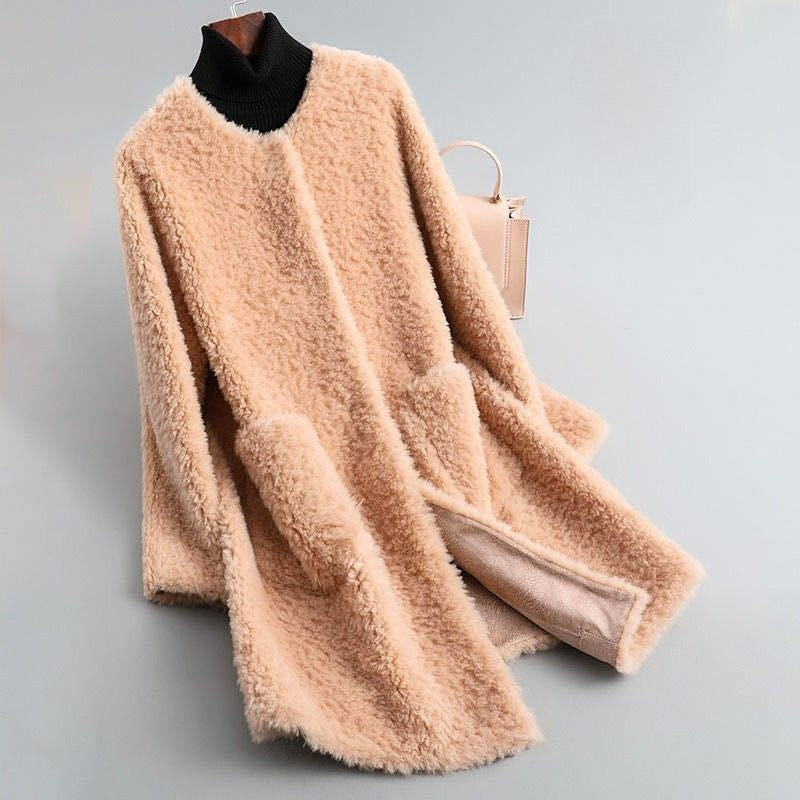 Women's collarless teddy coat with large patch pockets - peach