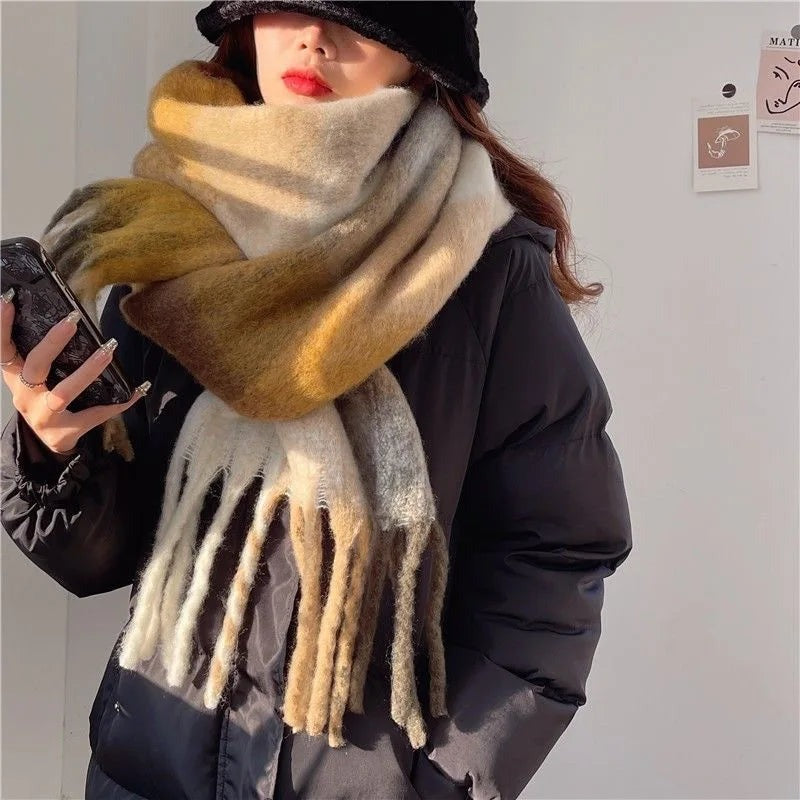 Women's thick fluffy colour block scarf with chunky fringe - mustard/cream