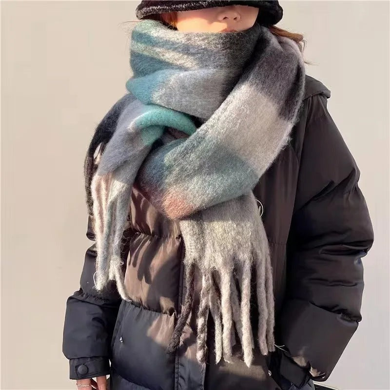 Women's thick fluffy colour block scarf with chunky fringe - grey/teal