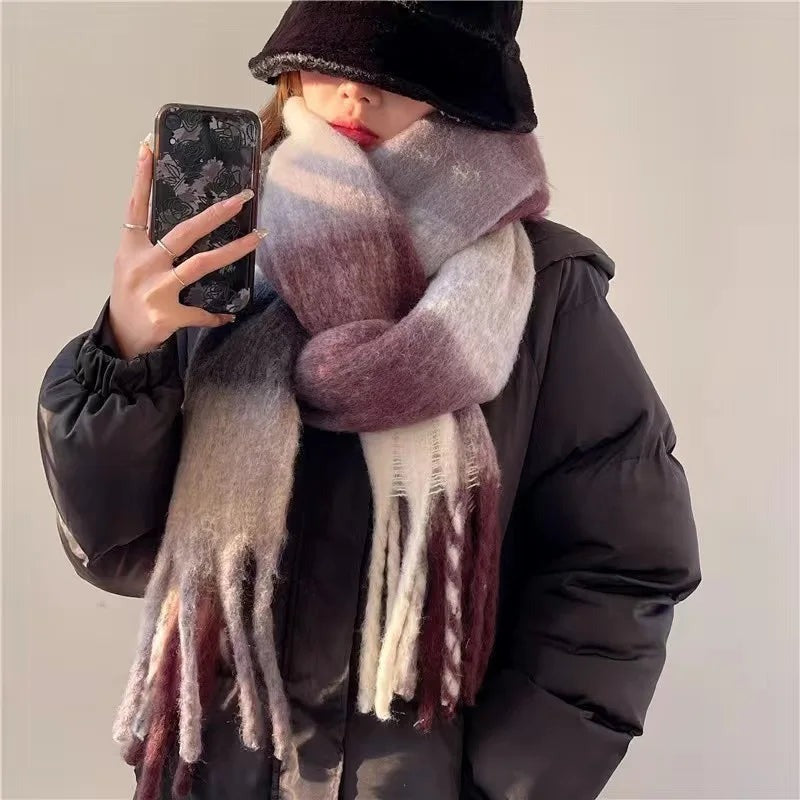 Women's thick fluffy colour block scarf with chunky fringe - plum/white
