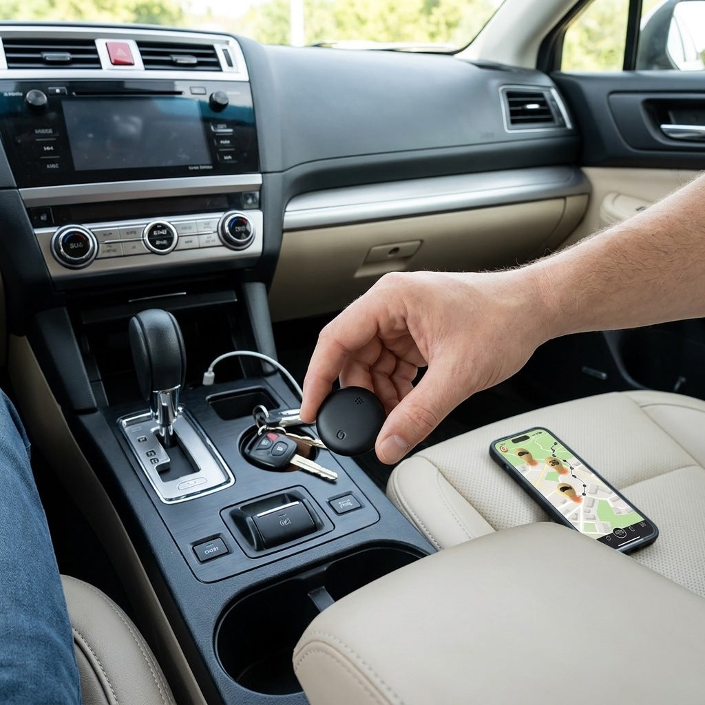 Compact round GPS tracker for the car with the app on a phone - view 2