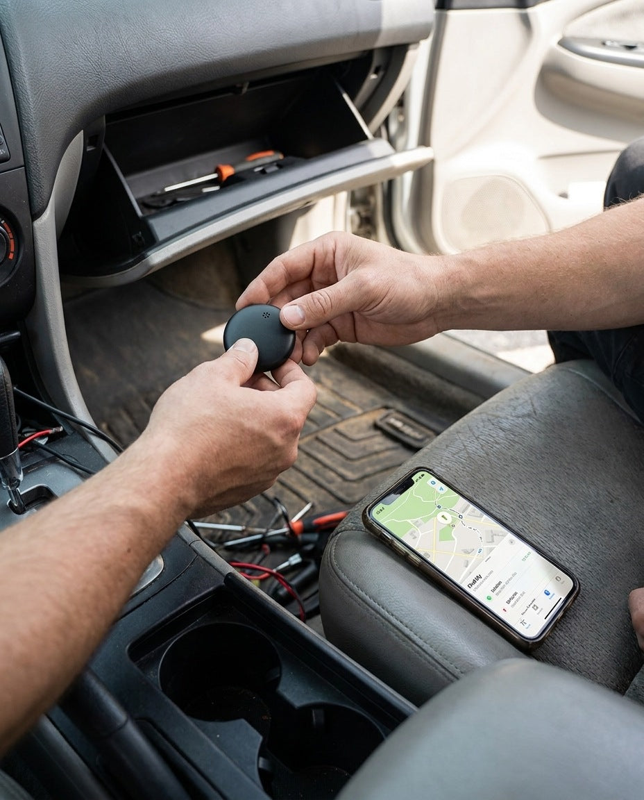 Compact round GPS tracker for the car with the app on a phone - view 3