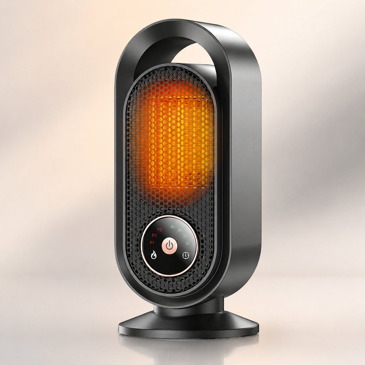 Compact tower heater with a carry handle and round control panel