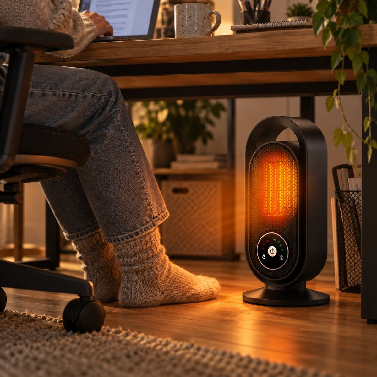 Compact tower heater with a carry handle and round control panel - view 4