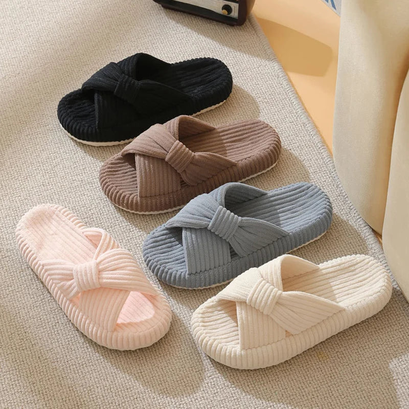Corduroy mule slippers with crossed straps twisted into a knot