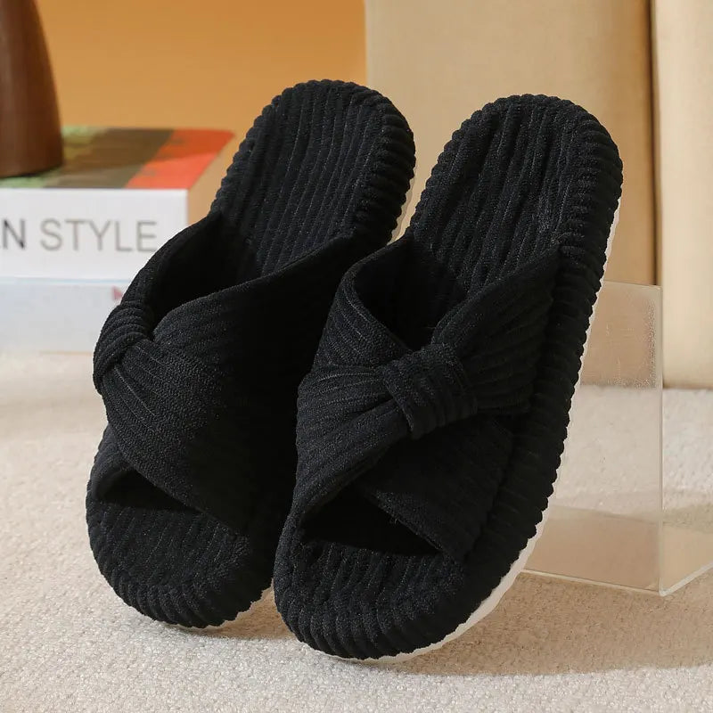 Corduroy mule slippers with crossed straps twisted into a knot - black