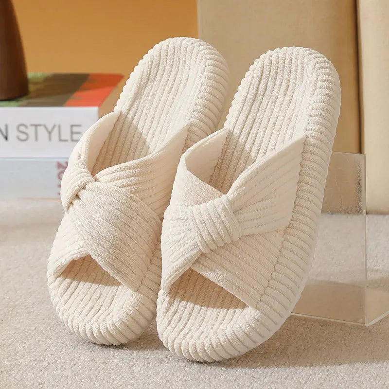 Corduroy mule slippers with crossed straps twisted into a knot - cream