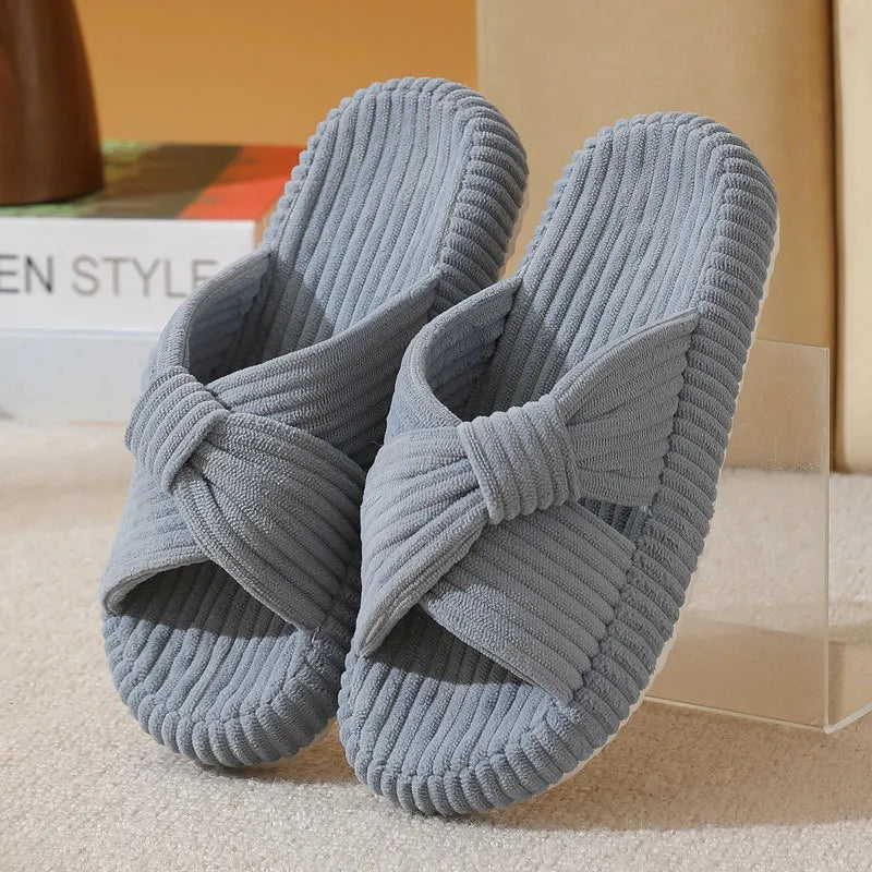 Corduroy mule slippers with crossed straps twisted into a knot - blue grey