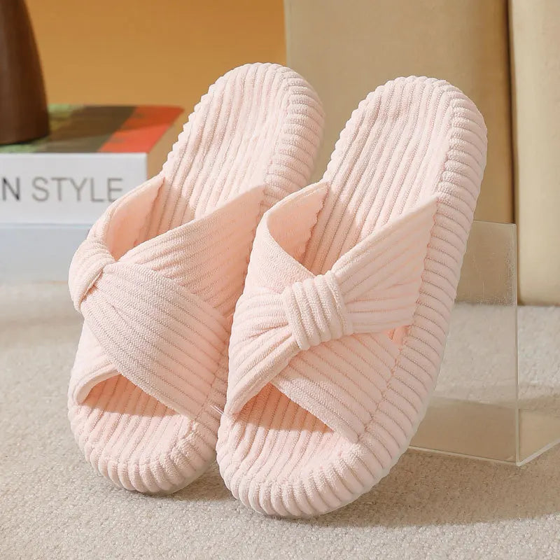 Corduroy mule slippers with crossed straps twisted into a knot - pink