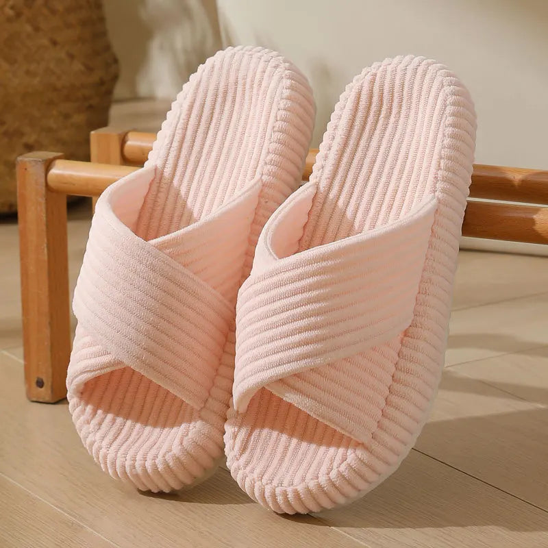 Corduroy sliders with crossed straps, open toe and thick sole - pink