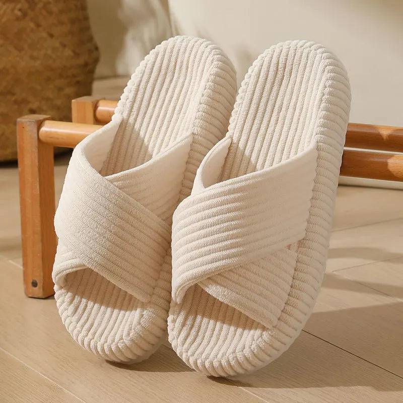 Corduroy sliders with crossed straps, open toe and thick sole - cream