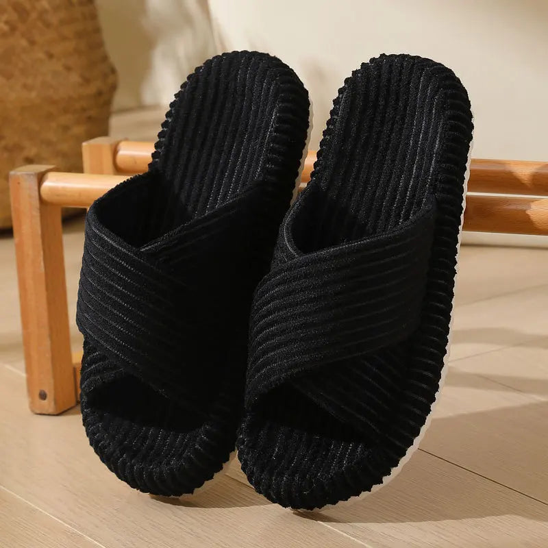 Corduroy sliders with crossed straps, open toe and thick sole - black