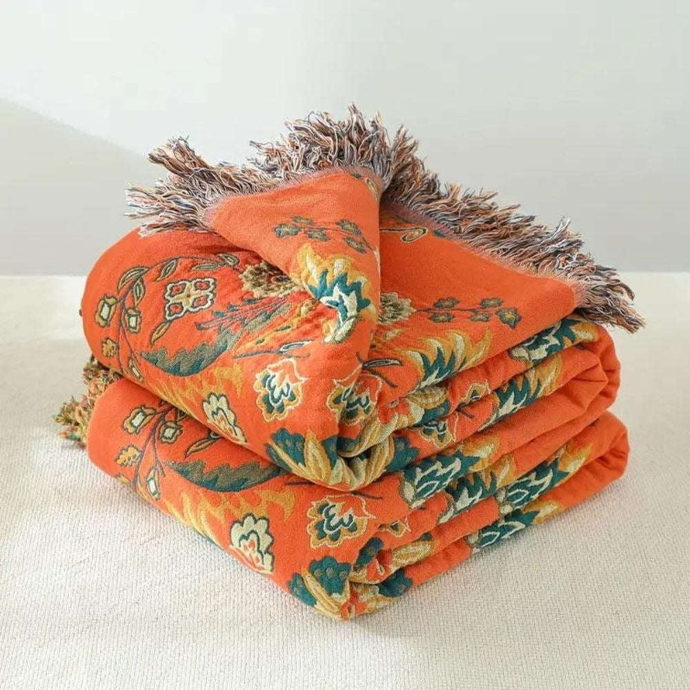 Cotton gauze throw with a floral print and fringe - view 6