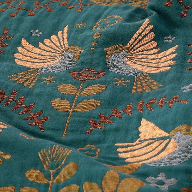 Cotton throw with a Scandinavian bird pattern and fringe - view 5