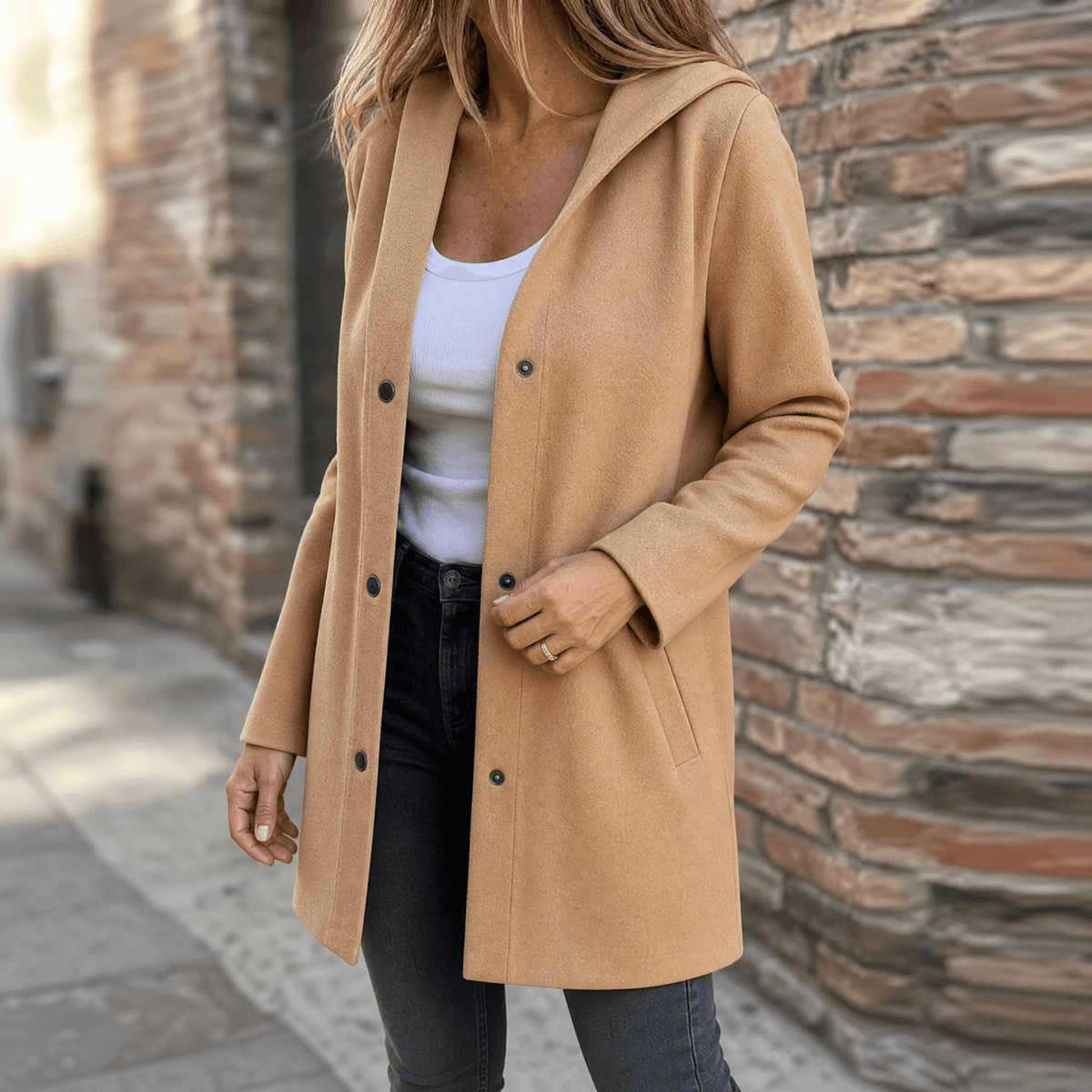 Women's hooded cardigan jacket in Camel
