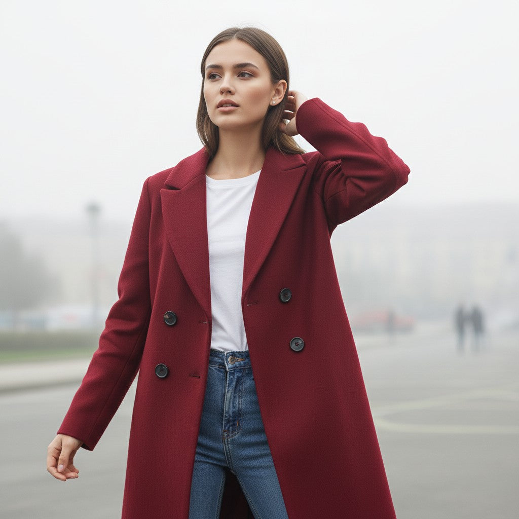 Longline double-breasted coat with a notch lapel and welt pockets