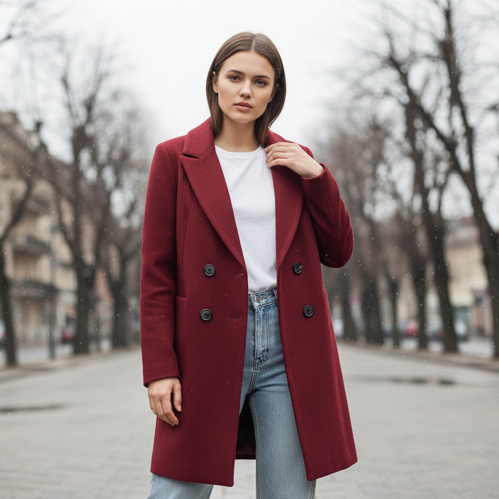 Longline double-breasted coat with a notch lapel and welt pockets