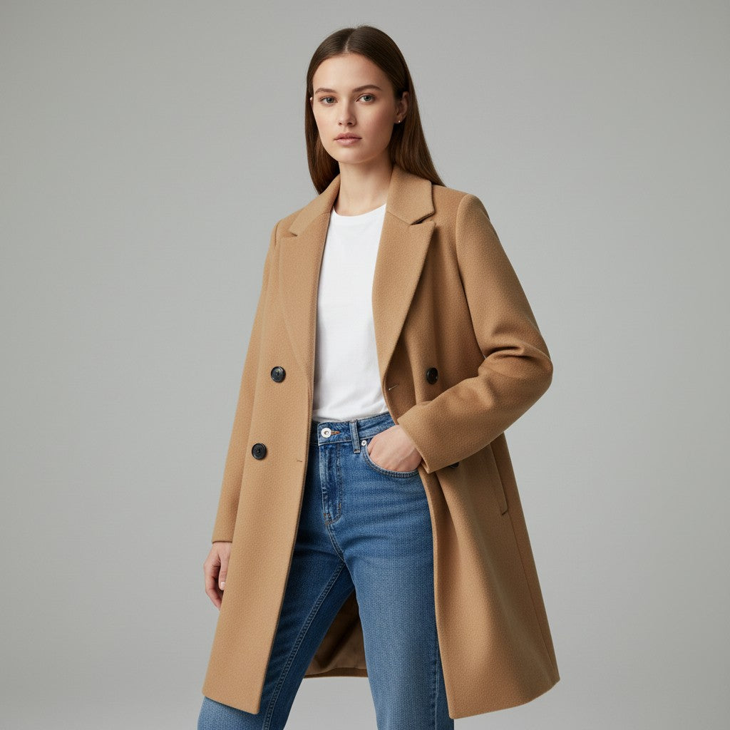 Longline double-breasted coat with a notch lapel and welt pockets