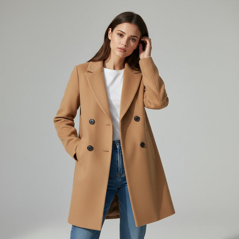 Longline double-breasted coat with a notch lapel and welt pockets in camel