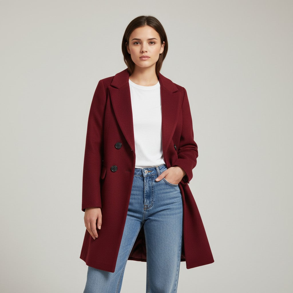 Longline double-breasted coat with a notch lapel and welt pockets in burgundy
