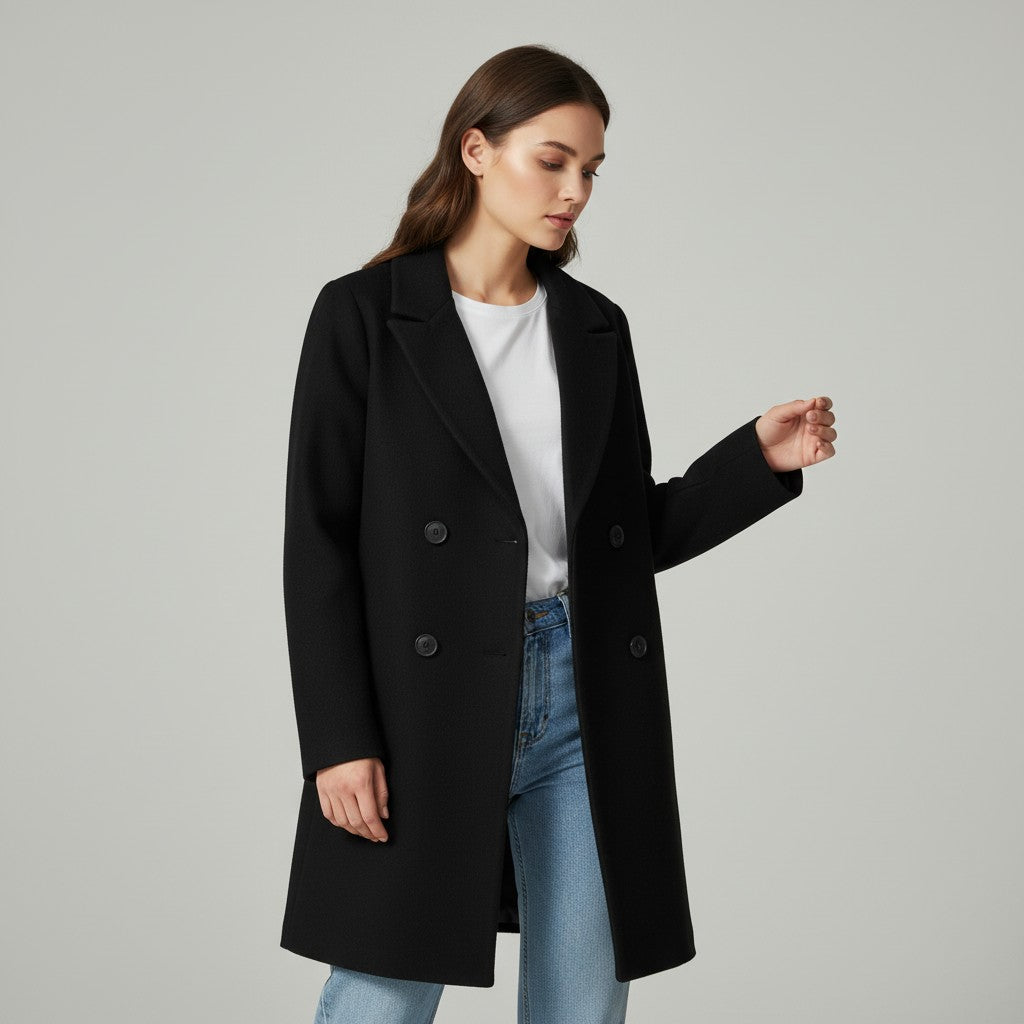 Longline double-breasted coat with a notch lapel and welt pockets