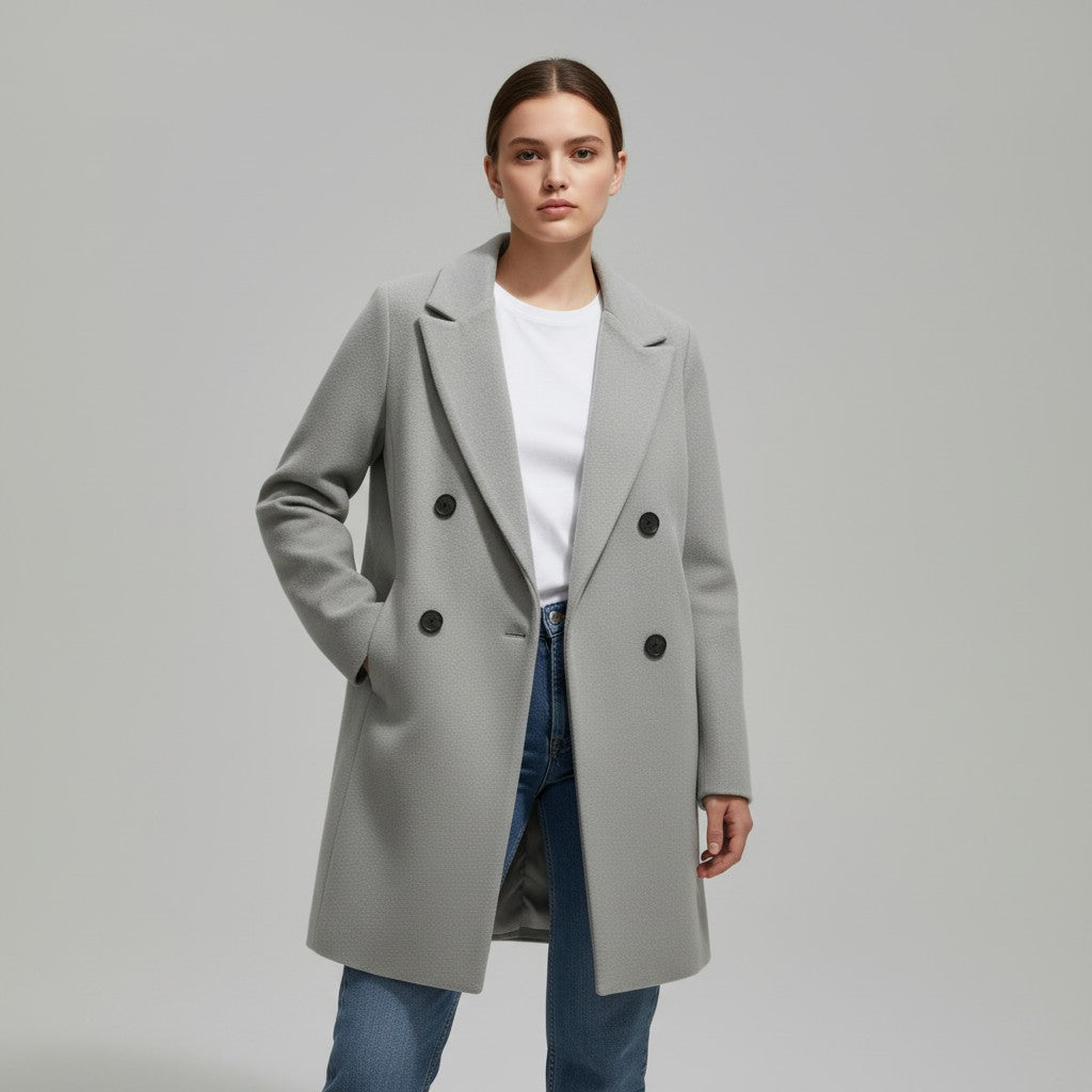 Longline double-breasted coat with a notch lapel and welt pockets in grey