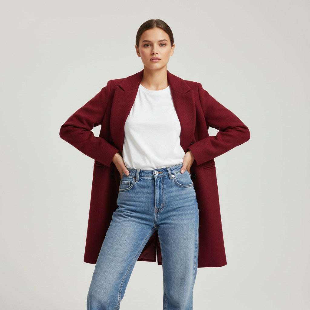 Longline double-breasted coat with a notch lapel and welt pockets