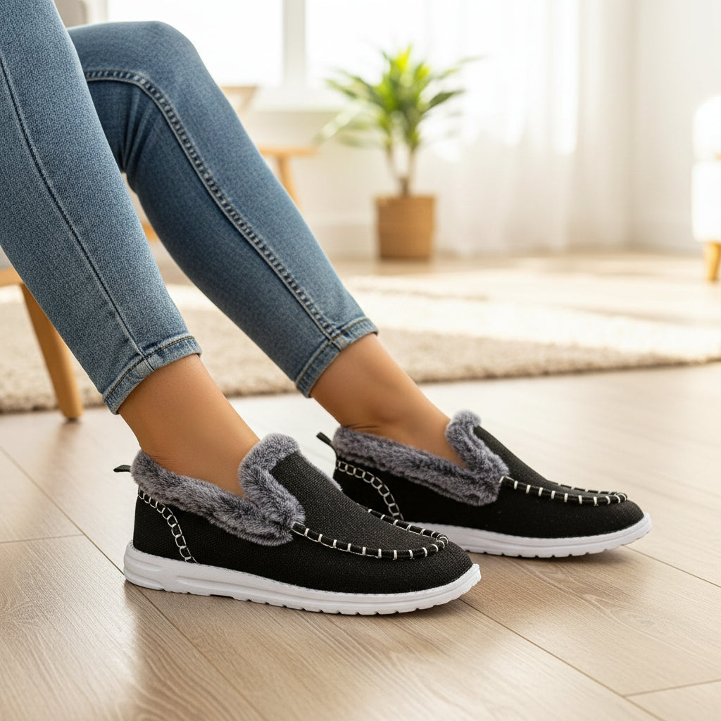 Fleece-lined slip-on shoes with a moccasin seam and a white cushioned sole in black