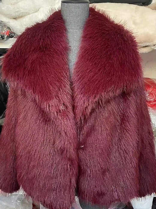 Women's faux fur coat with wide collar in Burgundy