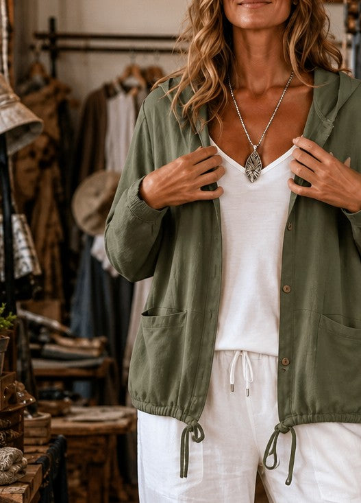 Women's lightweight hooded jacket in Olive Green