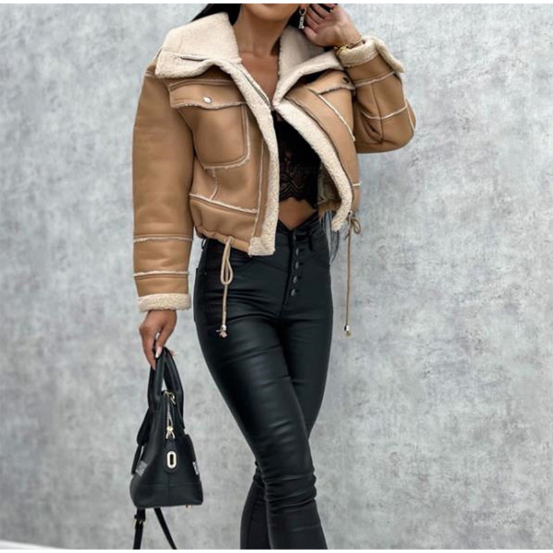 Women's cropped aviator-style jacket in faux leather with teddy trim - camel