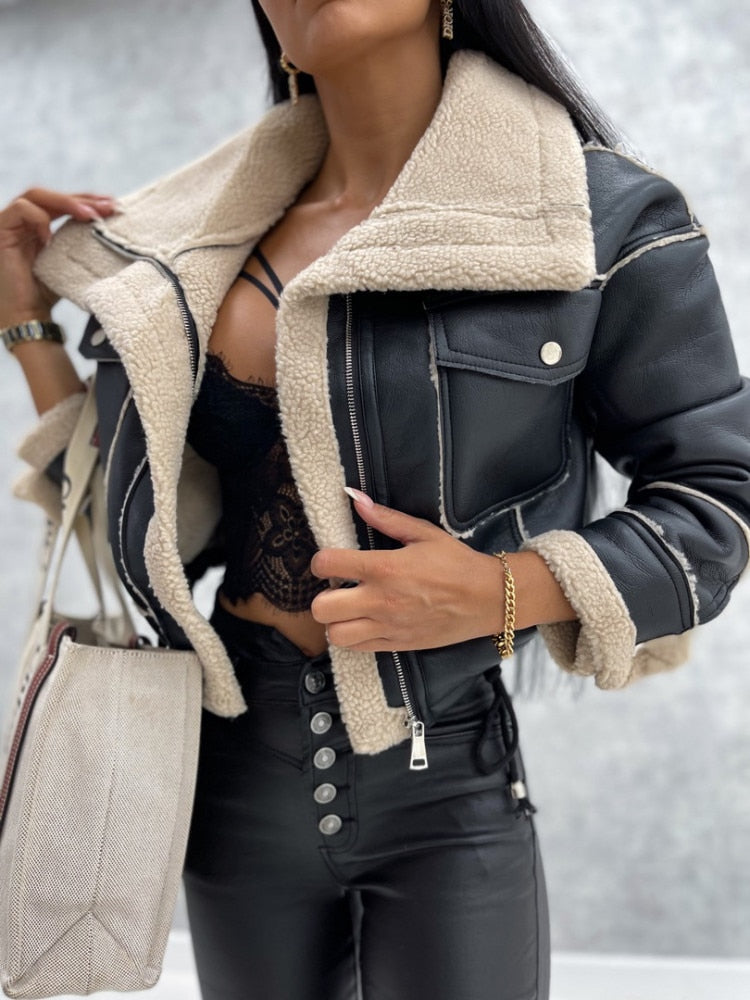 Women's cropped aviator-style jacket in faux leather with teddy trim
