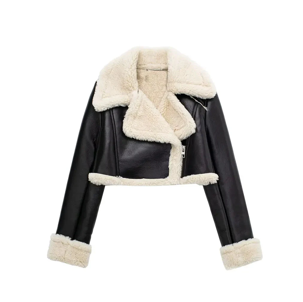 Women's cropped biker-style jacket in faux leather with teddy lapels - black
