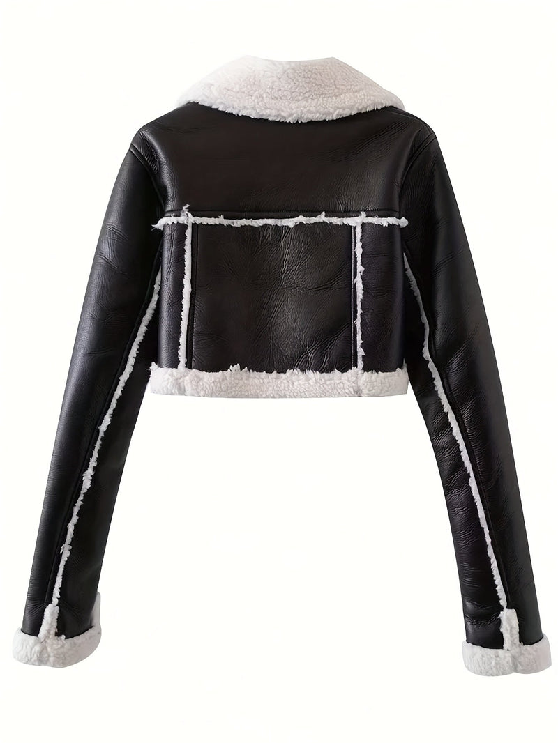 Women's cropped biker-style jacket in faux leather with teddy lapels