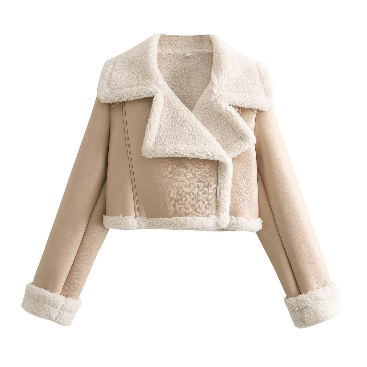 Women's cropped biker-style jacket in faux leather with teddy lapels - beige