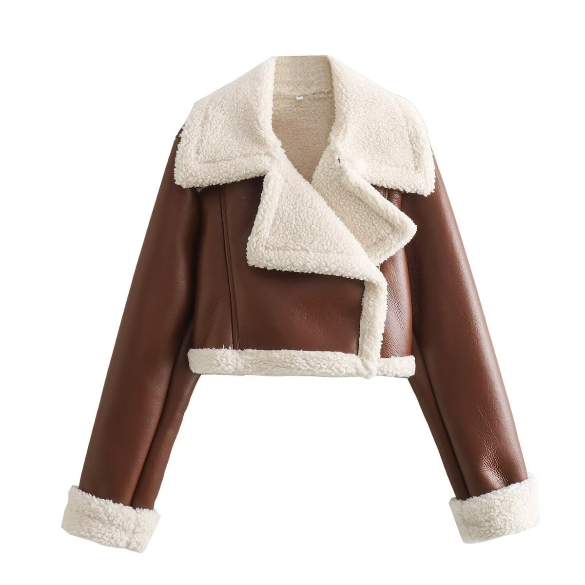 Women's cropped biker-style jacket in faux leather with teddy lapels - dark brown