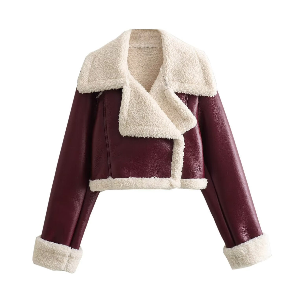 Women's cropped biker-style jacket in faux leather with teddy lapels - burgundy