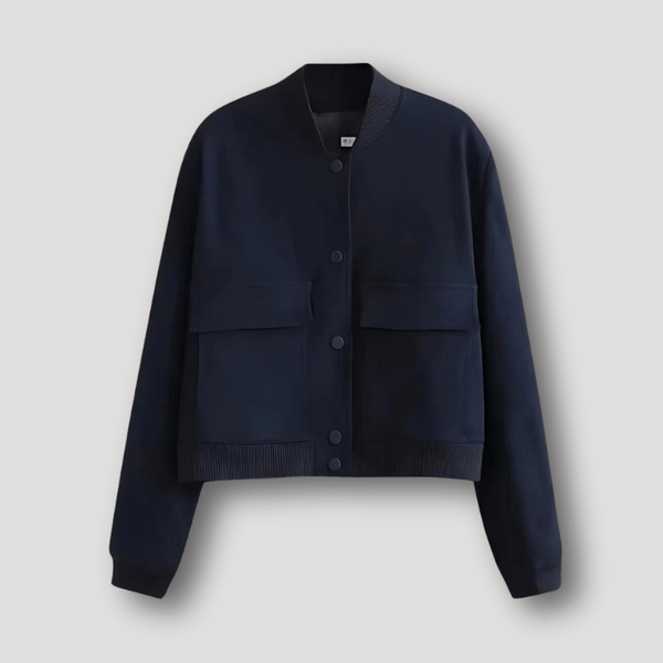 Women's cropped bomber jacket with a ribbed collar and two large flap pockets - navy