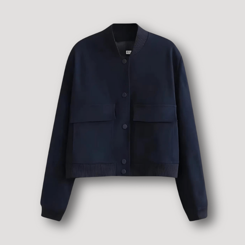 Women's cropped bomber jacket with a ribbed collar and two large flap pockets - navy